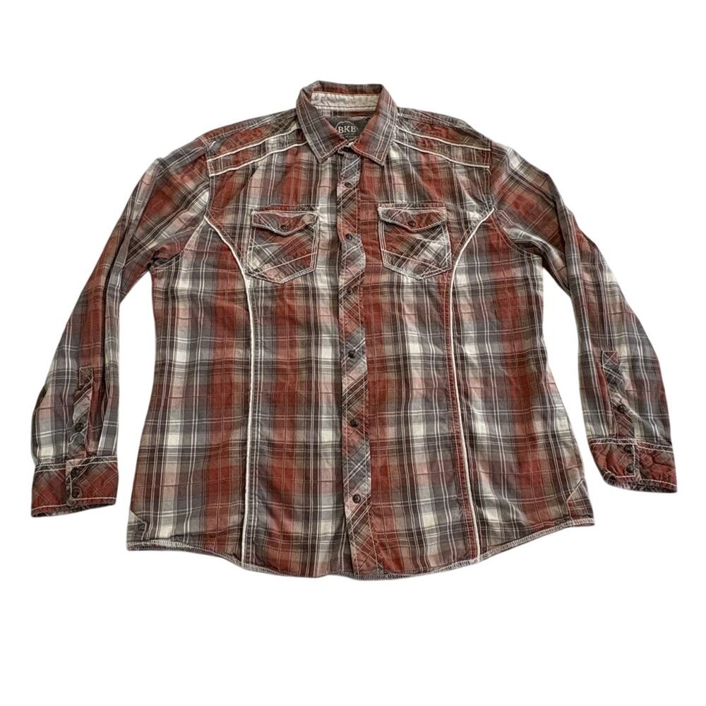 BKE Buckle Plaid Button Up Shirt Relaxed Fit Mens XL Gray Red Long Sleeve